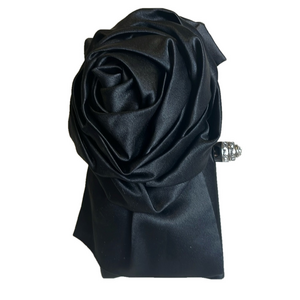 Small Black Satin Clutch w/rosette + round rhinestone closesure No imperfections